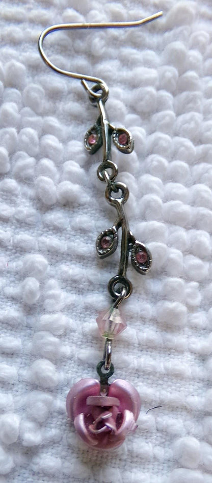 Simple Pink Rose Dangle Pierced Earrings, Vintage Silver Forest Boho Style Jewelry, Dainty Floral With Pink Faux Stones in Little Leaves