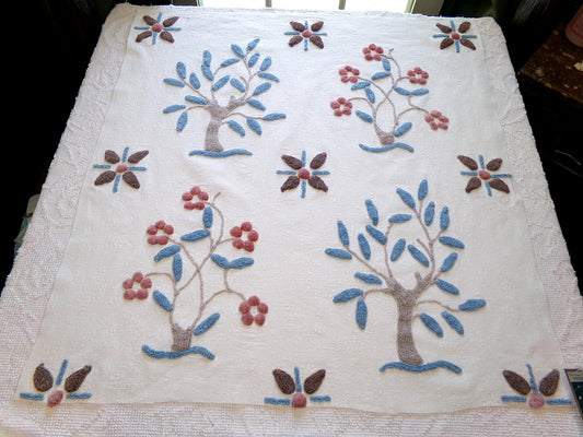 mystic roots vintage chenille fabric w/ 3D tufted earthy tree, floral & star design, 28" x 29" cut piece for wall hangings, fiber arts
