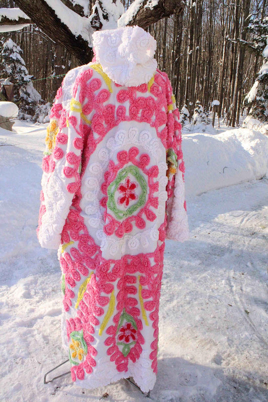 Pink Burst Chenille Robe with Sparkle Flowers, Medium / Large Hooded Vintage Style Women's Bathrobe