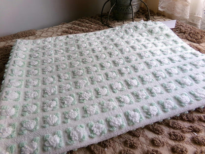 Plump White Rosebuds Vintage Chenille Fabric, 19" x 25" Piece, Beautiful Roses with Mint Green Leaves