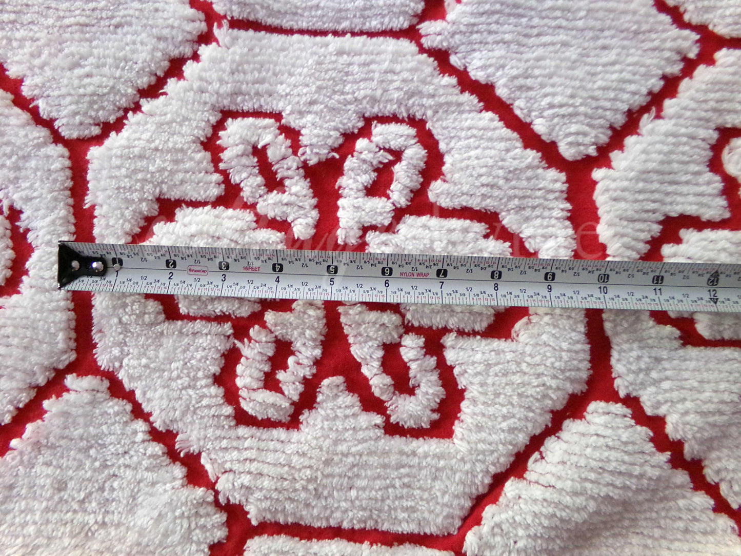Festive Red Chenille Fabric in Vintage White Daisy Design, 19" x 26" Inch Piece, Unique Geometric Design, Ideal for Festive Crafts