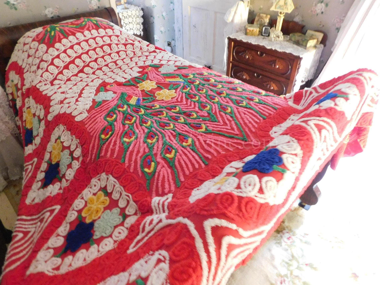 Love is all Around Vintage BOLD PEACOCK Chenille Bedspread, Full Size, Rainbow Red Rapture
