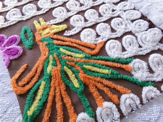 Baby Chocolate Peacock Vintage Chenille Fabric, 16.5" x 20" inch piece of colorful sewing material for quilts, pillows, wall hanging