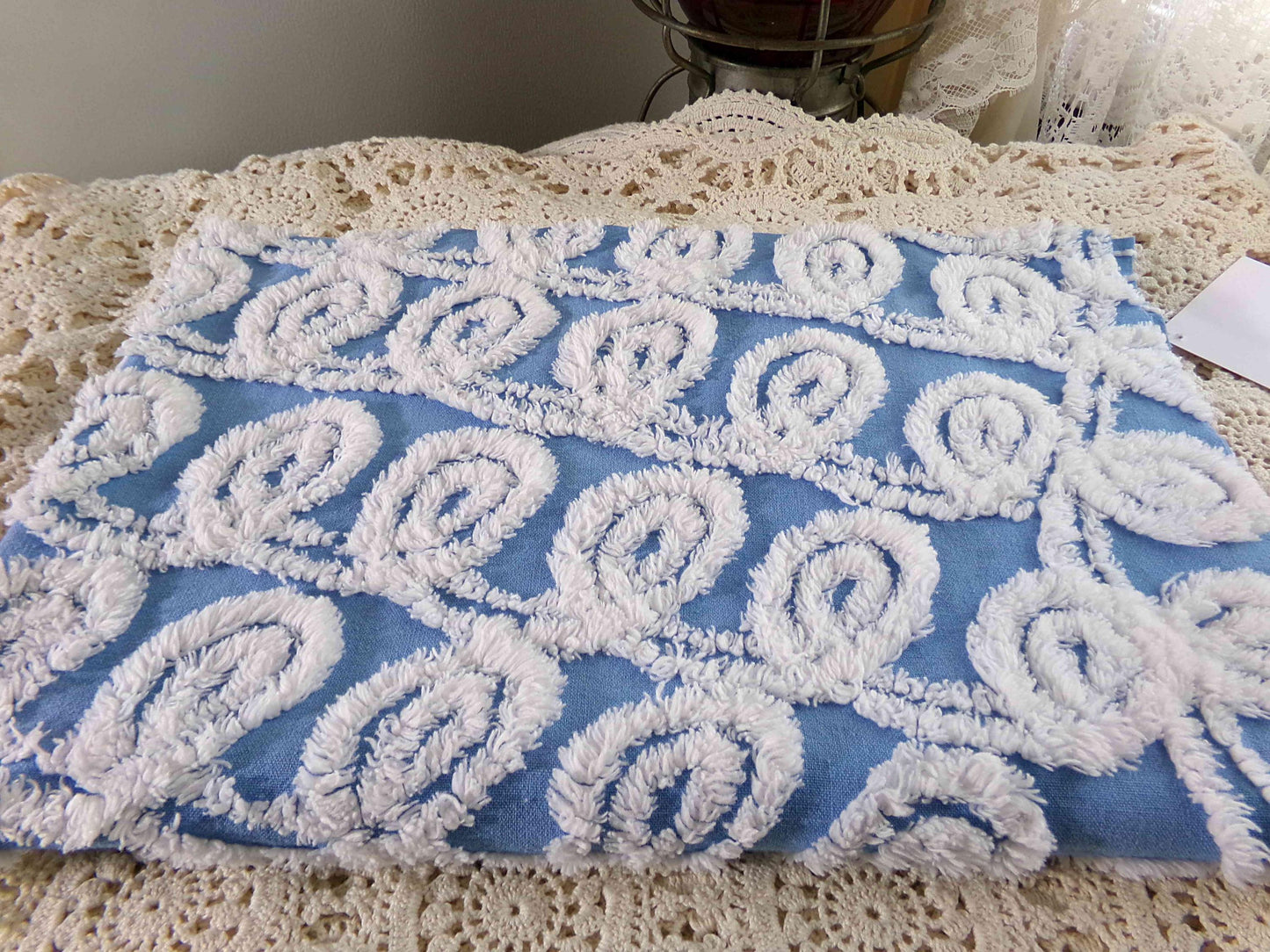 White & Blue Chenille Fabric, Soft Curlicue Swirls, 18" x 26" inch Piece, Vintage Cotton Material for Quilting, Crafts