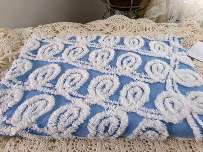 White & Blue Chenille Fabric, Soft Curlicue Swirls, 18" x 26" inch Piece, Vintage Cotton Material for Quilting, Crafts