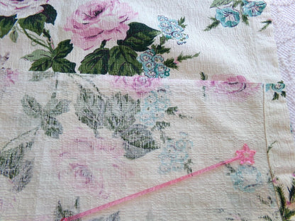 Vintage Barkcloth Fabric, Shabby Cottage Chic Roses on Aged White, 18" x 25" Cut Fabric Piece from a Deconstructed bark cloth curtain panel