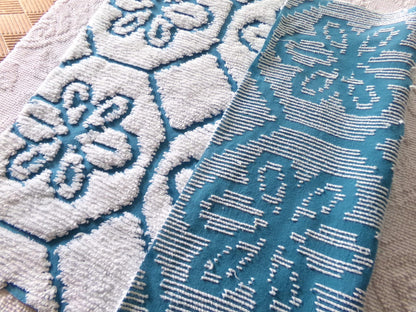 sea glass blue vintage fabric, texturized white daisy block design, 20" x 25" piece of sewing material cut from chenille bedspread