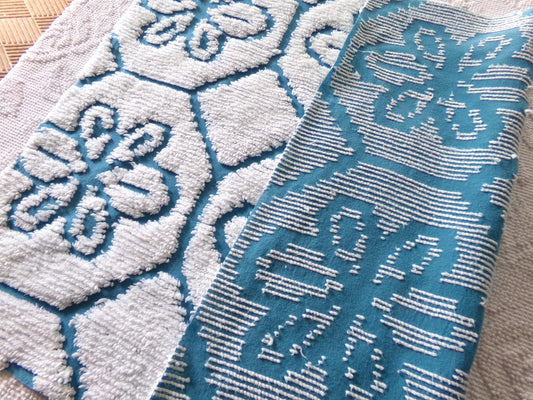 sea glass blue vintage fabric, texturized white daisy block design, 20" x 25" piece of sewing material cut from chenille bedspread