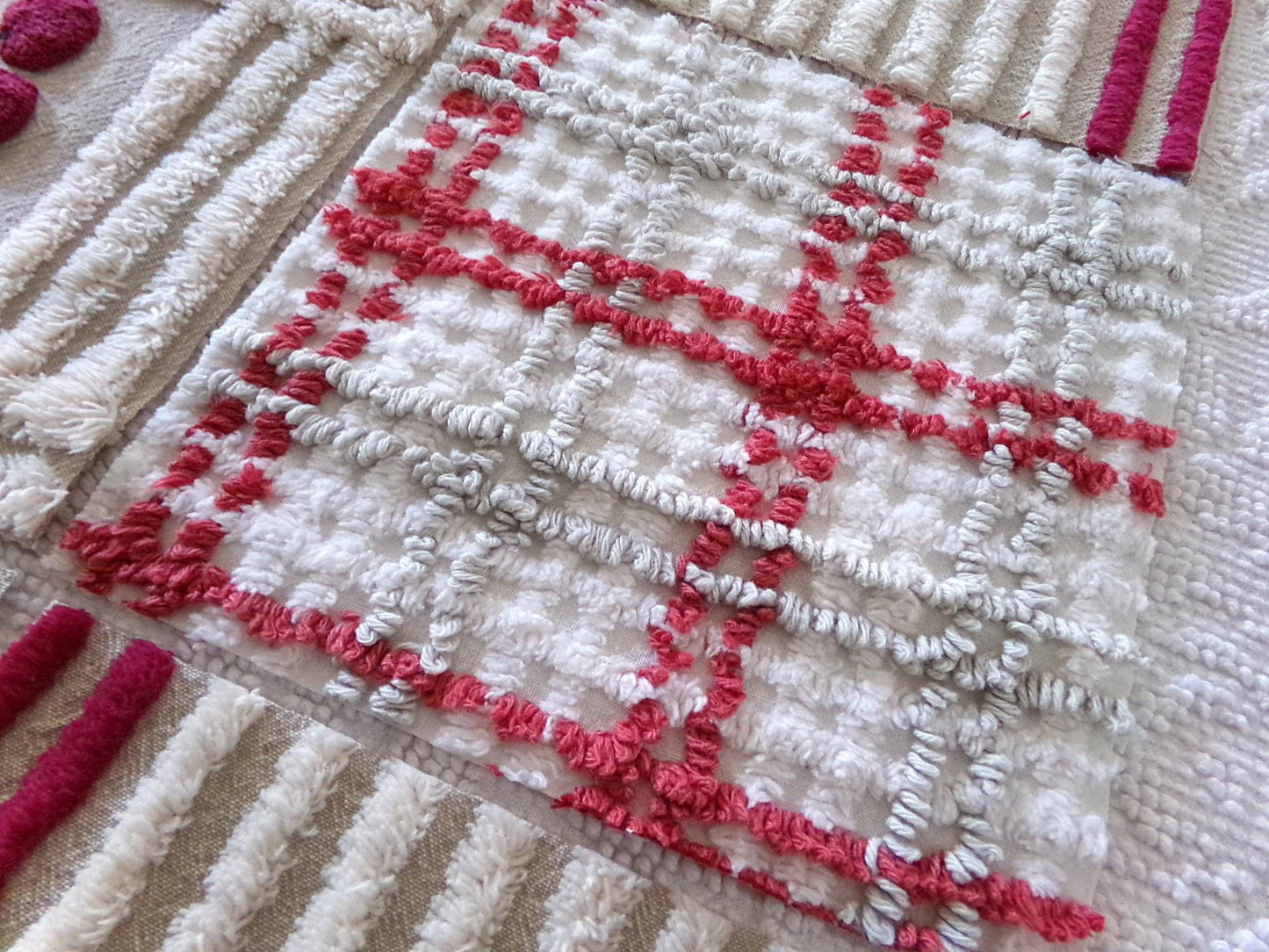 cheery cherry chenille quilt squares, 7.5" vintage fabric blocks, set of 8 in grey, white, maroon