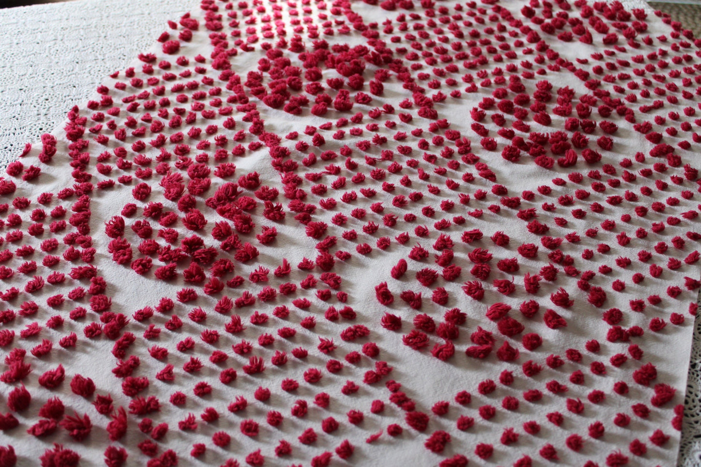 Fabulous Red Wine Vintage Chenille FABRIC PIECE, 21" x 27" inches, Handtufted Diamond Circle Puffs