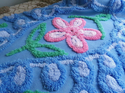 Teardrop Blue Floral Vintage Chenille Fabric, 20" x 21" Inch Piece, Great for Pillow Cover