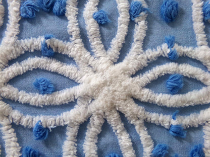 coastal chic blue vintage chenille fabric, white tufted spider rings & little pops, 24" x 18" inch piece