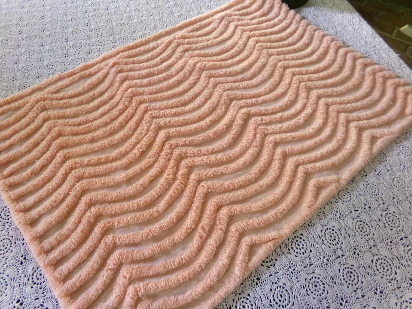 Fluffy Peach Waves Vintage Chenille Fabric, 17" x 24" inch Piece, Plush Ripple Pattern for Quilts, Pillows, Crafts & Sewing