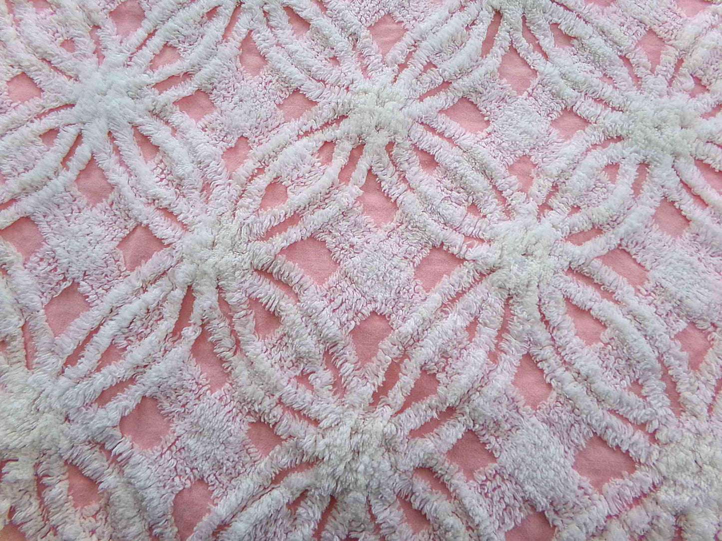 quilter's favorite chenille fabric, classic pink & white spider tufted sewing material, 20" x 24" inch piece from vintage chenille bedspread