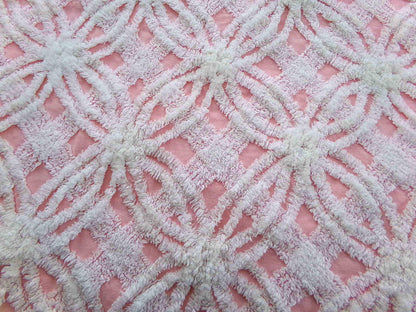 quilter's favorite chenille fabric, classic pink & white spider tufted sewing material, 20" x 24" inch piece from vintage chenille bedspread