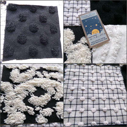 trendy tuxedo b&w chenille fabric squares, set of 16 vintage black and white quilt blocks 6" ea, great textures for crafts, quilting