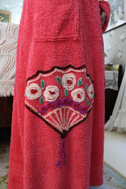 Gorgeous Vintage Style Chenille Robe, Deep Rose Fan Motif Old Hollywood Style Women's Bathrobe, Flattering Fit & Flare Silhouette, S/M