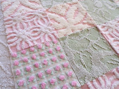 vintage 6" chenille fabric squares, set of 16 quilt blocks in rose bloom pink, sage green & white geometric and floral prints