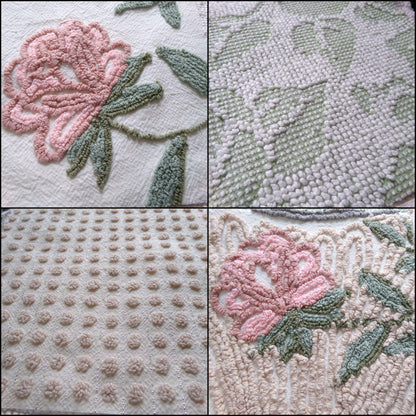 rose garden chenille fabric squares, set of 8 vintage 7.5" quilt blocks, neutrals & chic florals, for sewing, crafts, quilting