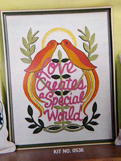 LOVE CREATES a SPECIAL World Vintage Crewel Embroidery Kit, Paragon Creative Stitchery #0536, Boho Hippie 1970s Needlework Design