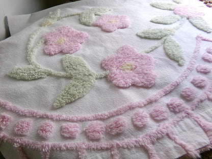 Pink Floral Blooms Vintage Style Chenille Fabric, Lovely Plush Flowers on White Cotton, 21" x 34" inch Piece