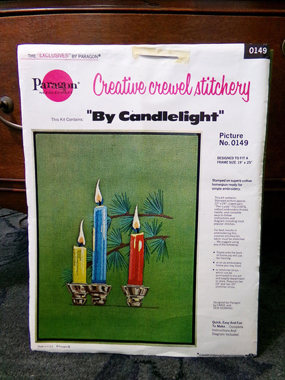 BY CANDLELIGHT Crewel Stitchery Kit, Exquisite Trio of Tranquil Candles on Evergreen Canvas, Vintage 0149 Paragon Needlecraft Embroidery