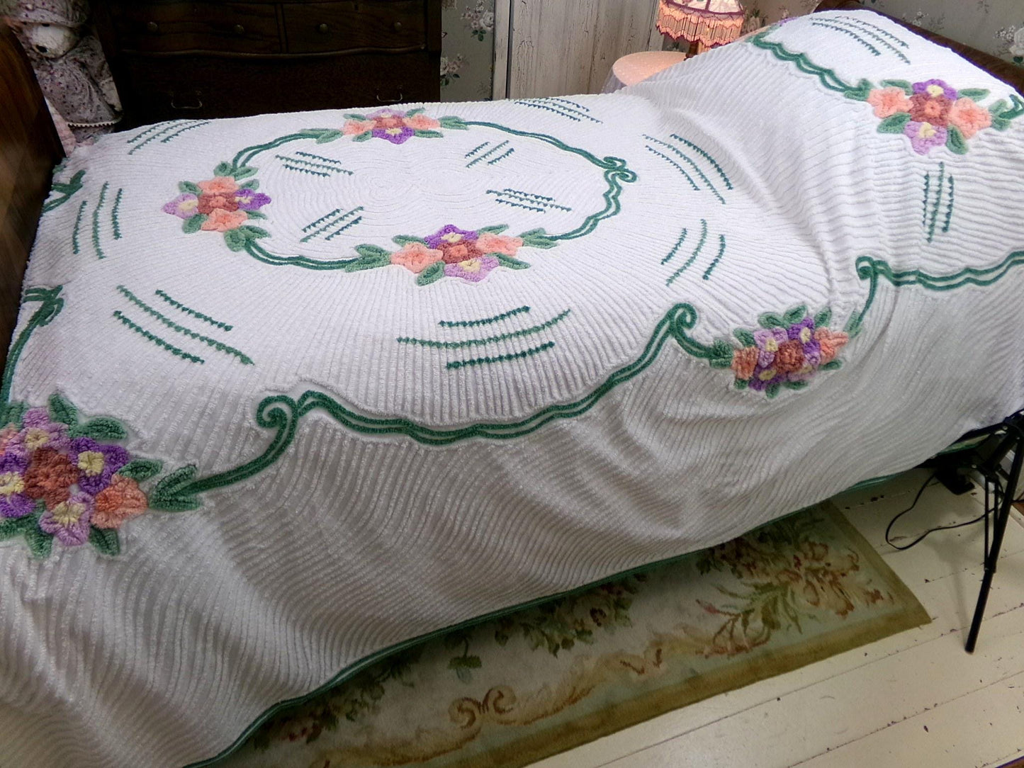 Cottage Getaway Vintage Chenille Bedspread, Green Accents & Colorful Florals on White Cotton, FULL Size Summer Shabby Chic Bedding