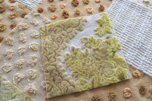 Chenille & Velvet Quilt Squares Set, "Sun Goddess", from Vintage Bedspread Fabric, 16 Blocks, 6" x 6" inches each, Earthtones
