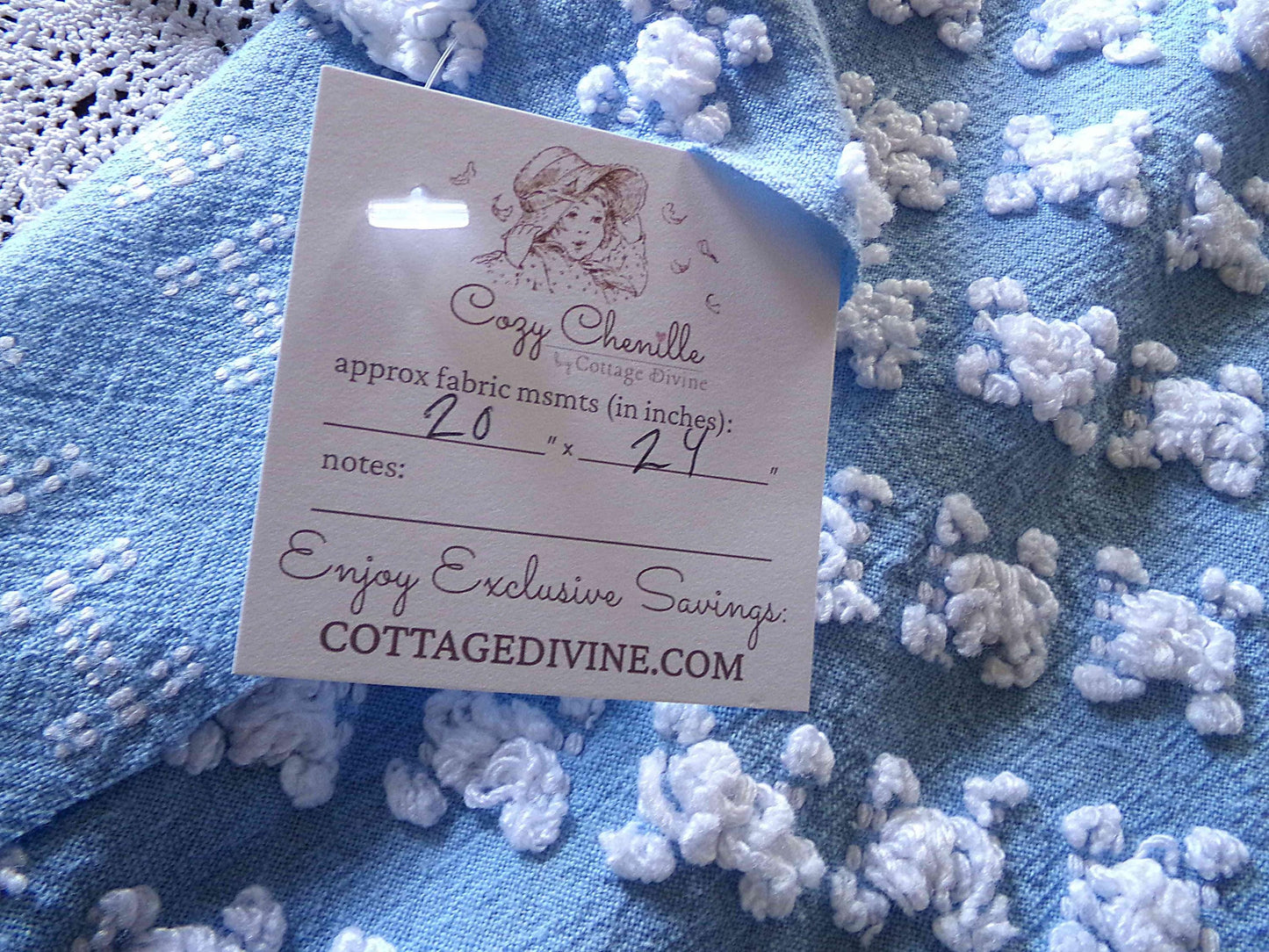 Deeply Serene Blue & White Rosebud Vintage Chenille Fabric, Heirloom Quality Material for Quilts, Pillows, 24" x 20" inch Piece
