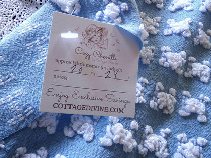 Deeply Serene Blue & White Rosebud Vintage Chenille Fabric, Heirloom Quality Material for Quilts, Pillows, 24" x 20" inch Piece