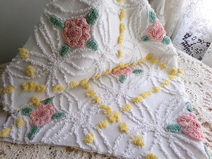 lovely pink rose chenille fabric with goldenrod yellow pops, shabby style 20" x 24" inch piece of sewing material for quilts & crafts