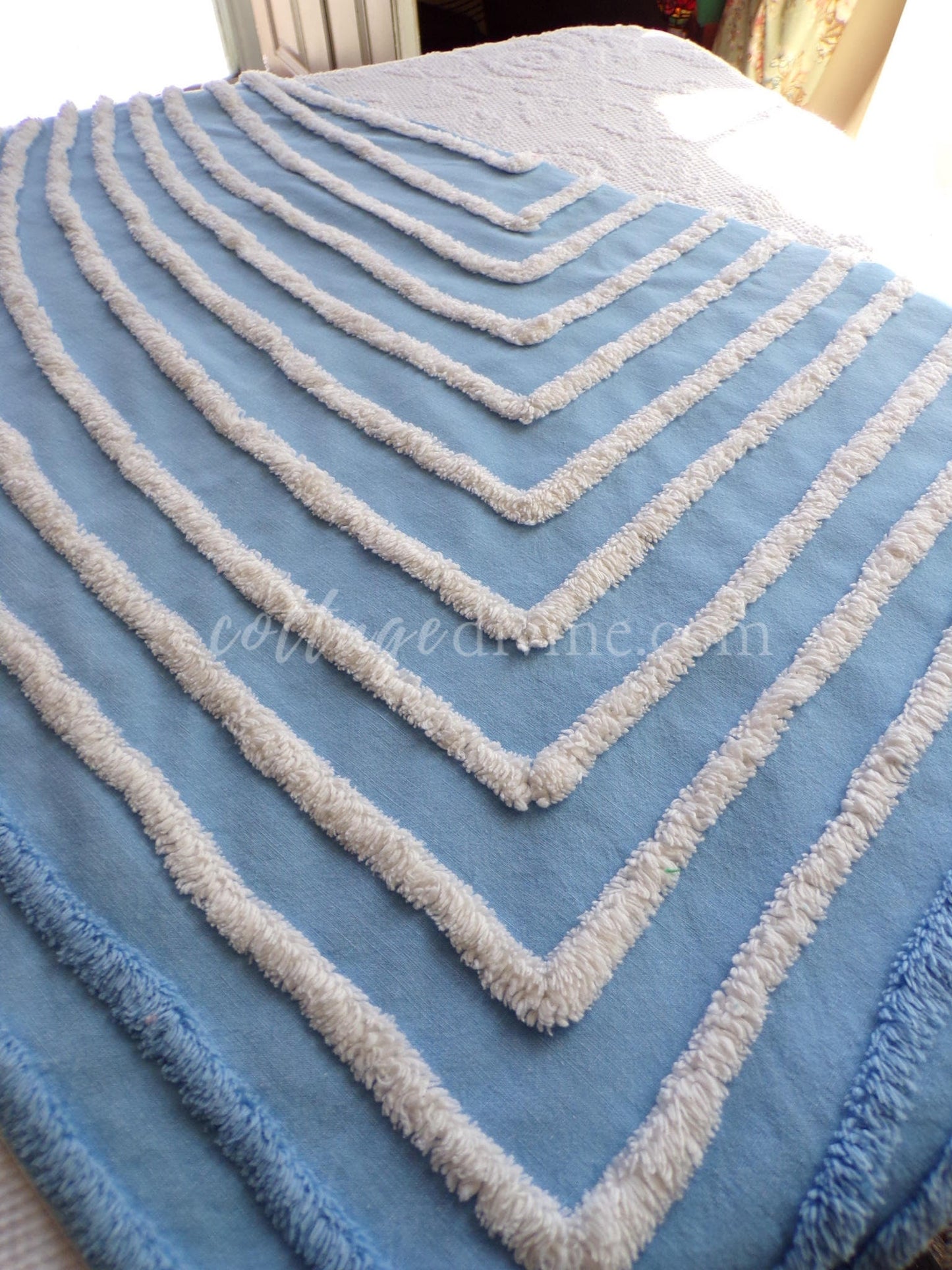 Beach Cottage Blue & White Vintage Chenille Fabric Piece, 19" x 29" inches, Ideal in Quilts and Pillows