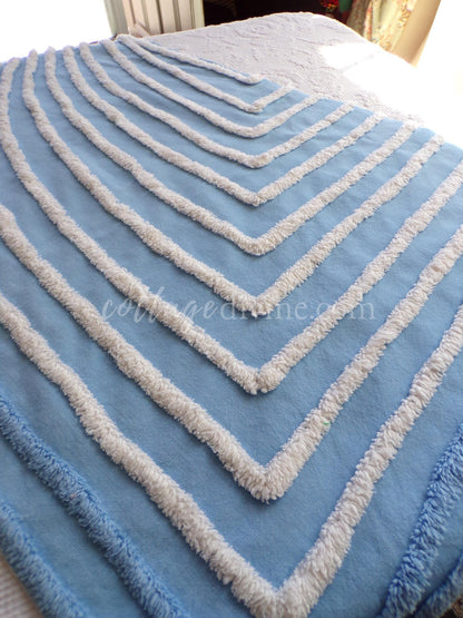Beach Cottage Blue & White Vintage Chenille Fabric Piece, 19" x 29" inches, Ideal in Quilts and Pillows