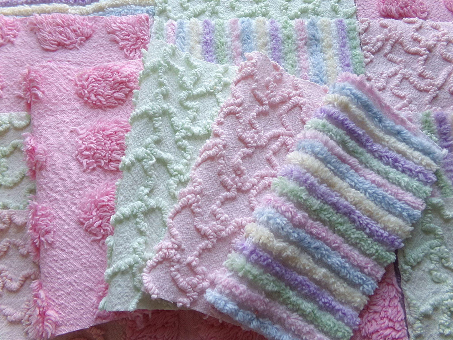 enchanted rainbow chenille fabric squares, set of 16 vintage pink & green quilt blocks 6" ea, rosebud, squiggles for crafts, quilting
