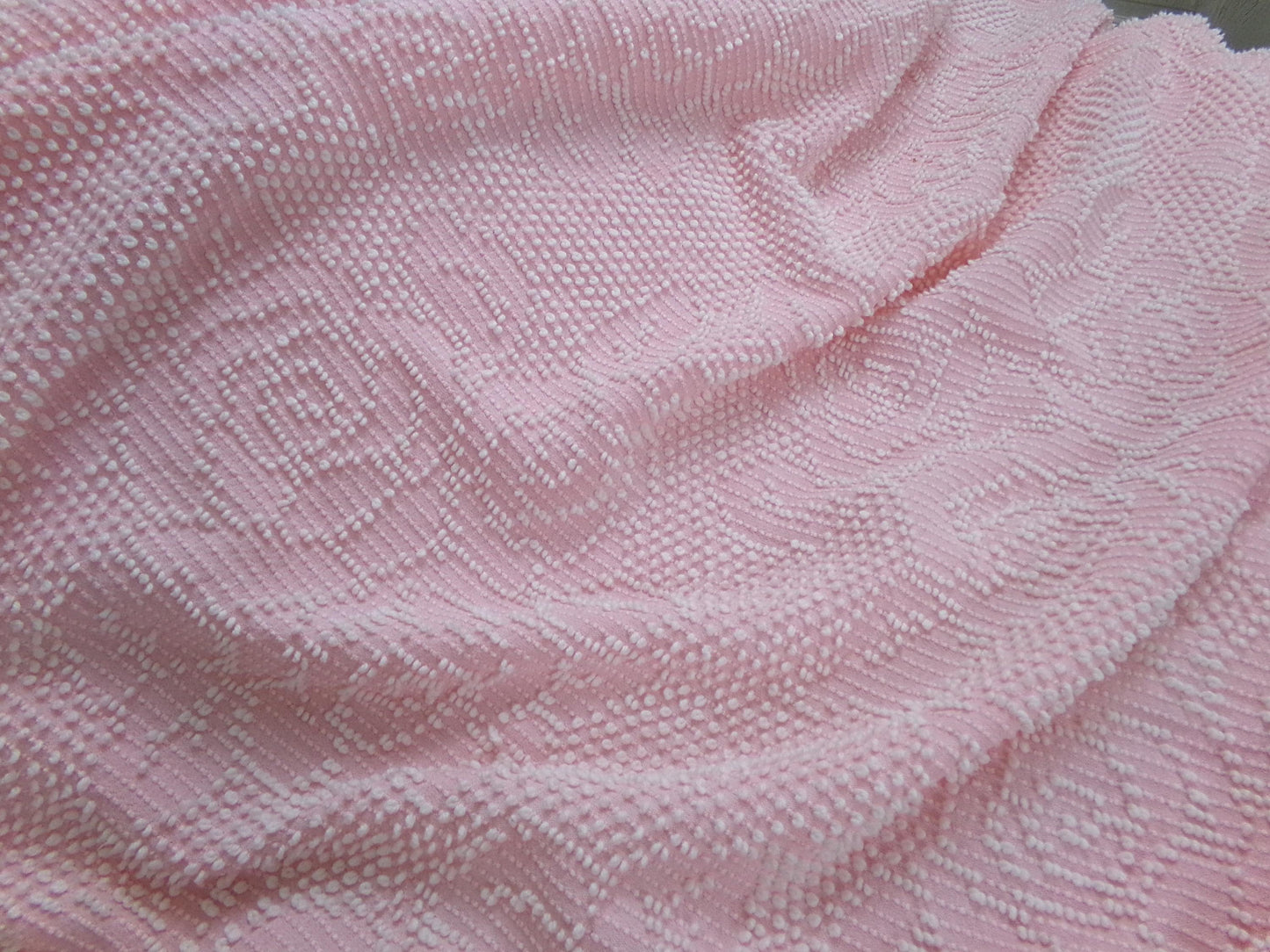 Vintage Twin Chenille Bedspread | Pink White Hobnail Rose Pattern with Fringe | Shabby Chic Woven Cotton Bedding