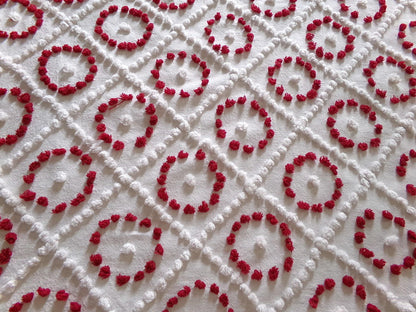 ruby red rings in white diamonds vintage chenille fabric, charming antique handtufted 20"x 25" inch piece of sewing & quilt material