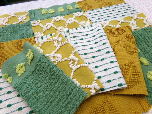 Vintage Chenille Squares - Set of 16 - Energetic Green, Gold & White Colors - 6" Fabric Quilt Blocks