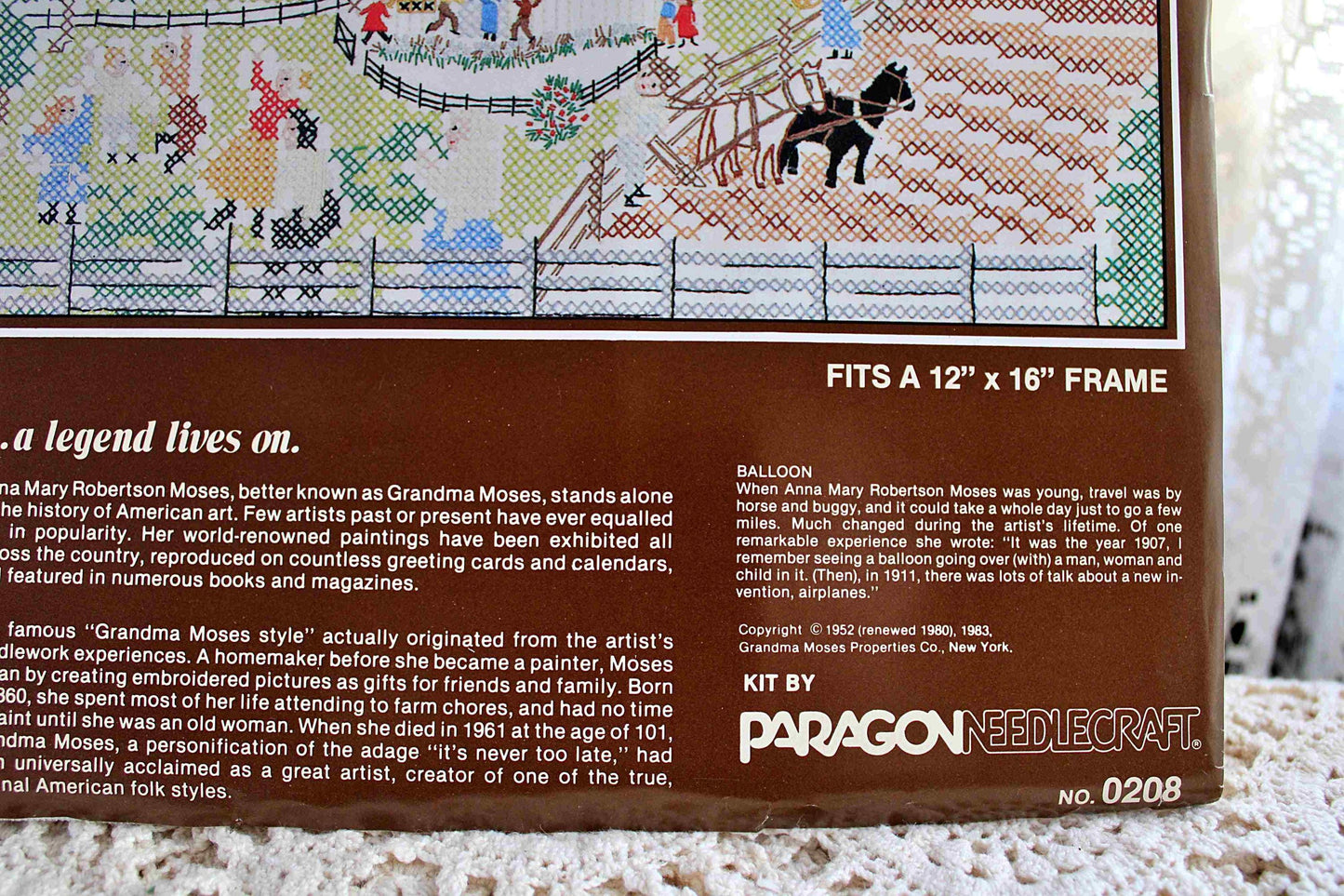 BALLOON Cross Stitch Stitchery Kit, Vintage Grandma Moses Design, Paragon Needlecraft Embroidery 0208 from 1983
