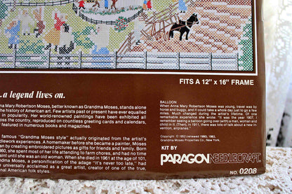 BALLOON Cross Stitch Stitchery Kit, Vintage Grandma Moses Design, Paragon Needlecraft Embroidery 0208 from 1983