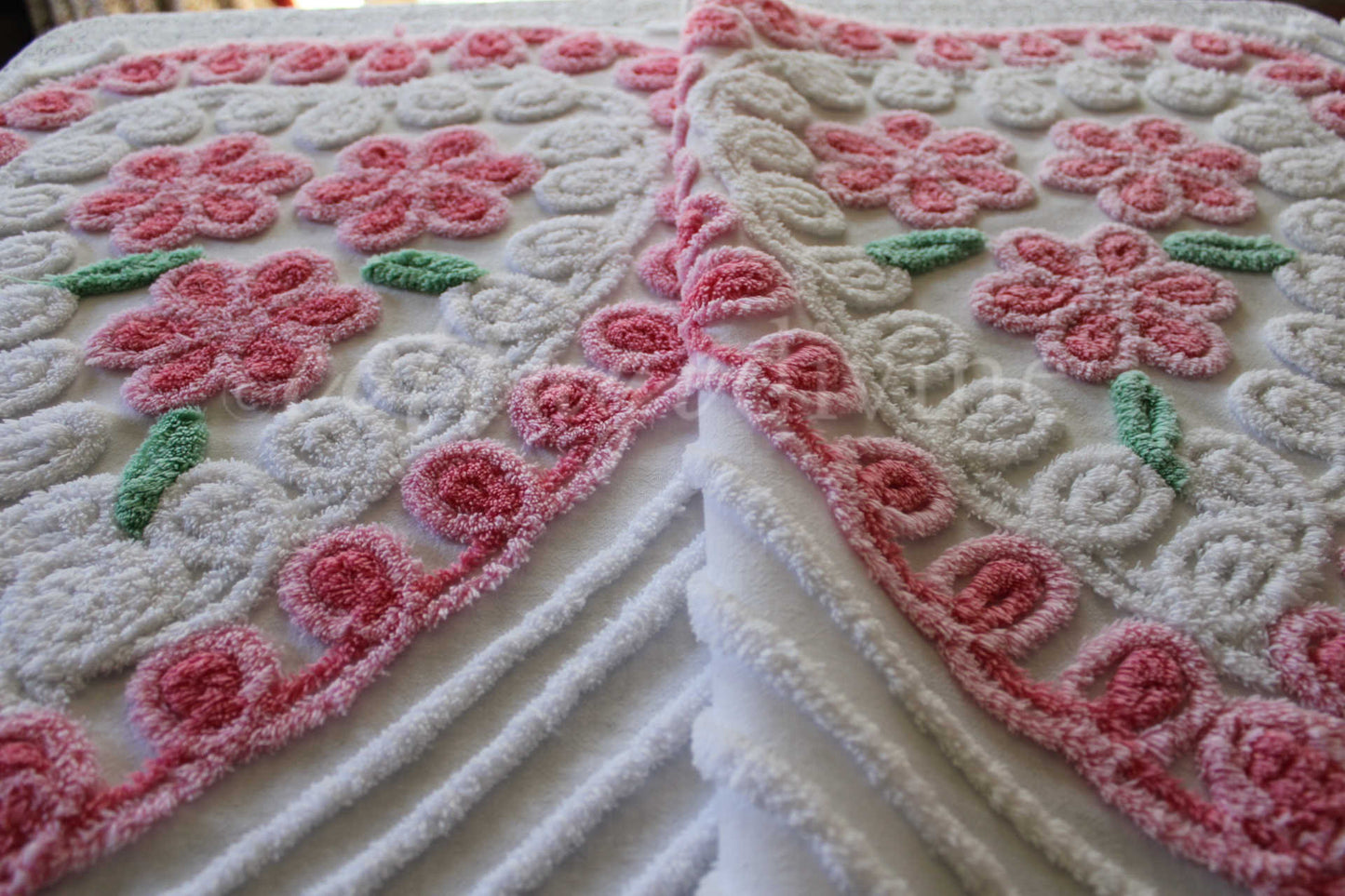 Pink Rose Candy Hearts Vintage Chenille Fabric, 27" x 42" Inch LARGE Piece, Cute Floral Trios on White Cotton, Great for Quilting & Pillows