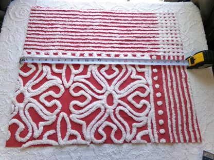 cherry red & white vintage chenille fabric, victorian scroll stripe design, 20" x 24" cut piece of craft, sewing, pillow, quilt material
