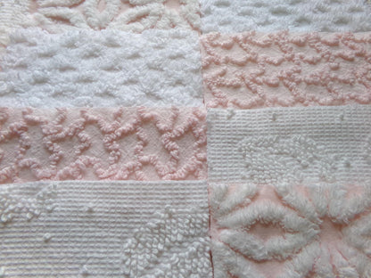 pink & white vintage 6" chenille squares, set of 12 quilt blocks in a lovely selection of popular patterns for sewing, crafts