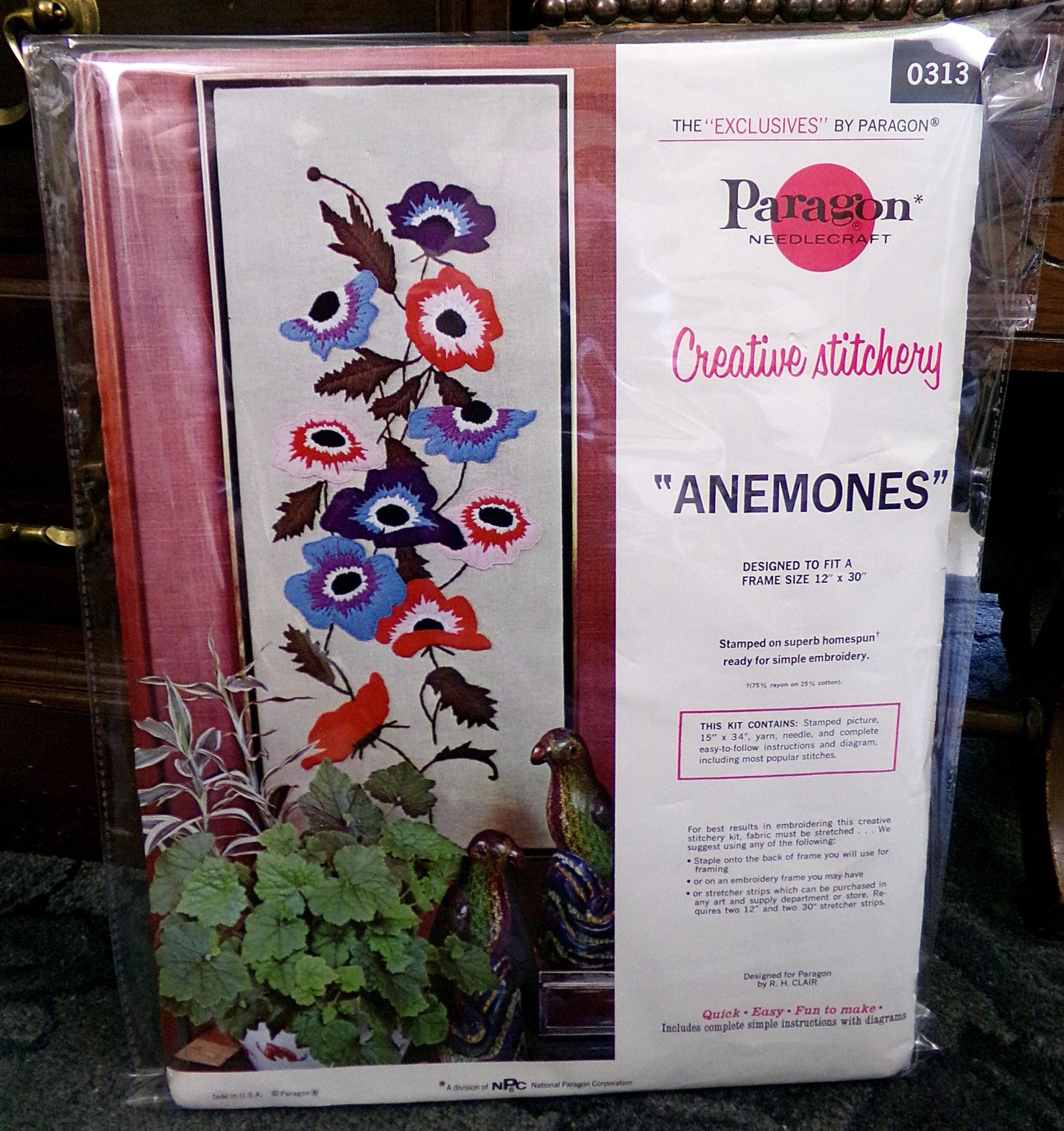 ANEMONES Crewel Embroidery Kit, Vintage Paragon Stitchery 0313, Large Hippie Floral Wallhanging Design by R.H. Clair