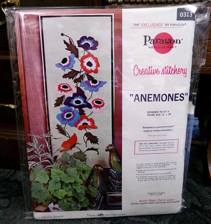 ANEMONES Crewel Embroidery Kit, Vintage Paragon Stitchery 0313, Large Hippie Floral Wallhanging Design by R.H. Clair
