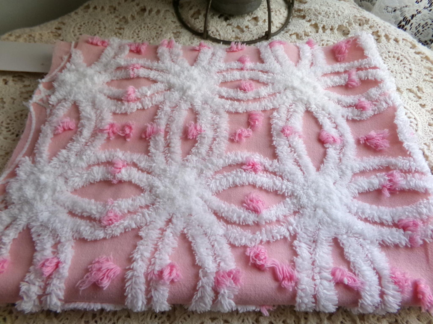 perfectly pink chenille fabric, white tufted wedding rings & sprinkle pops, 18" x 24" inch piece cut from vintage chenille bedspread