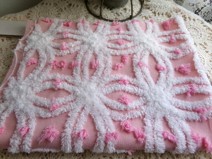 perfectly pink chenille fabric, white tufted wedding rings & sprinkle pops, 18" x 24" inch piece cut from vintage chenille bedspread