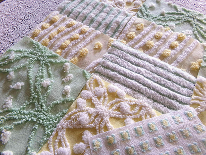 Springtime Fresh Chenille Fabric Squares Set in Yellow, Green & White, 17 Blocks, 6" inch ea, Cheery Stripes, Dots Geometric Designs