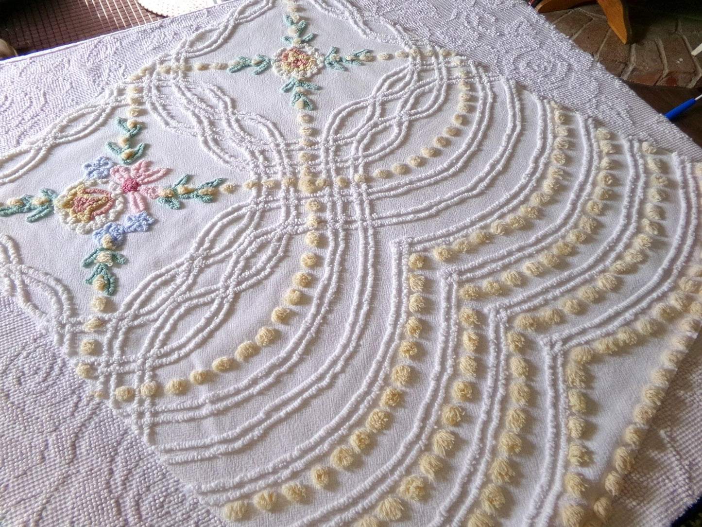 so shabby sweet vintage chenille fabric, needletuft florals with buttercup yellow puffs, 24"x 26" inch piece of quilt & sewing material