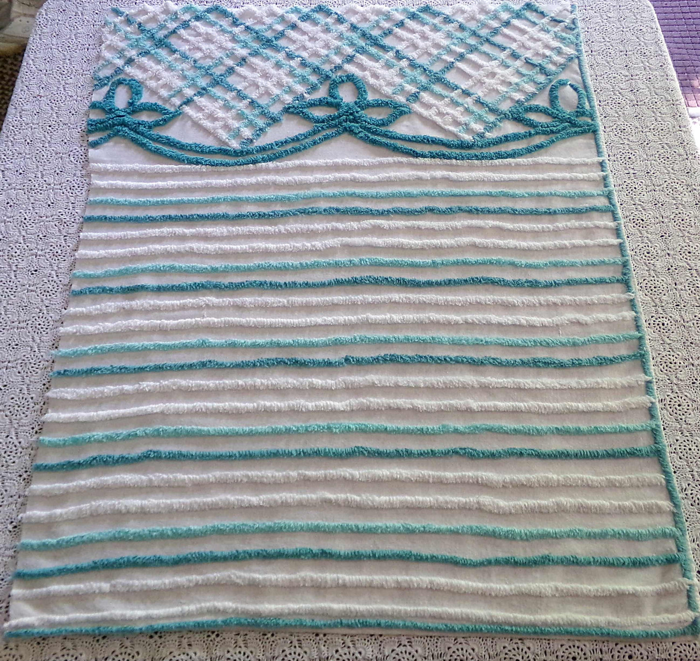 Cute Green Bows Vintage Chenille Fabric, 22" x 28" inch Piece, 100% Cotton, Midcentury Tonal Teal & White