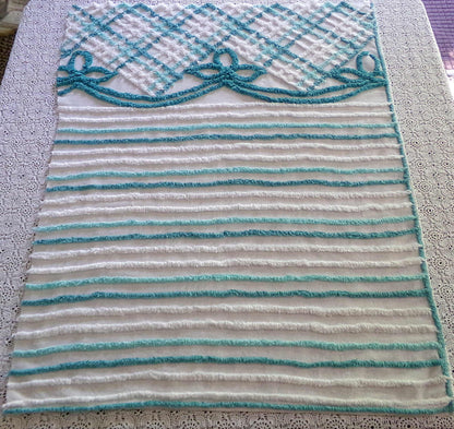 Cute Green Bows Vintage Chenille Fabric, 22" x 28" inch Piece, 100% Cotton, Midcentury Tonal Teal & White